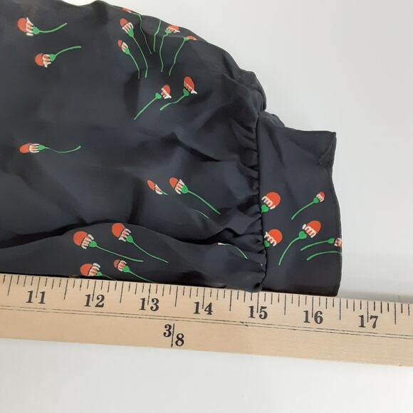 Vintage 80s Drop Waist Mini Dress Peter Pan Collar Sheer Floral Black Womens 10 - Picture 15 of 15